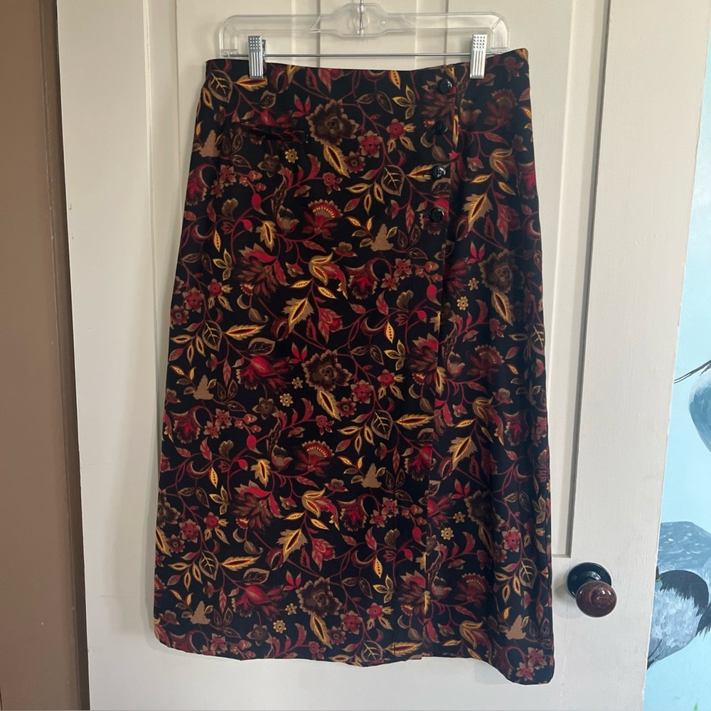 Christopher & Banks Black Midi Skirt with Red & Gold Floral Motif